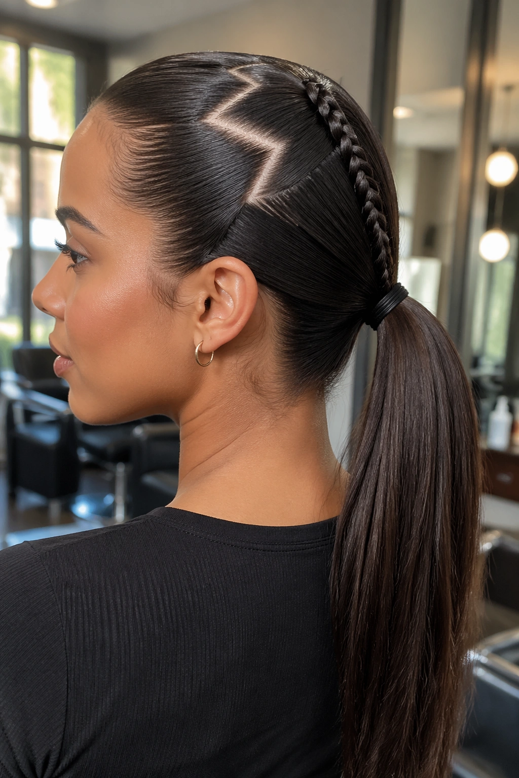 Close-up of a real woman with a zigzag part and braided mid ponytail