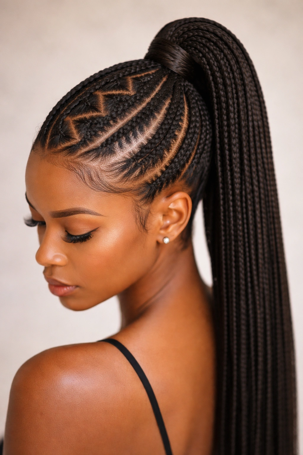 High ponytail with a precise zig-zag scalp part and slim braids.