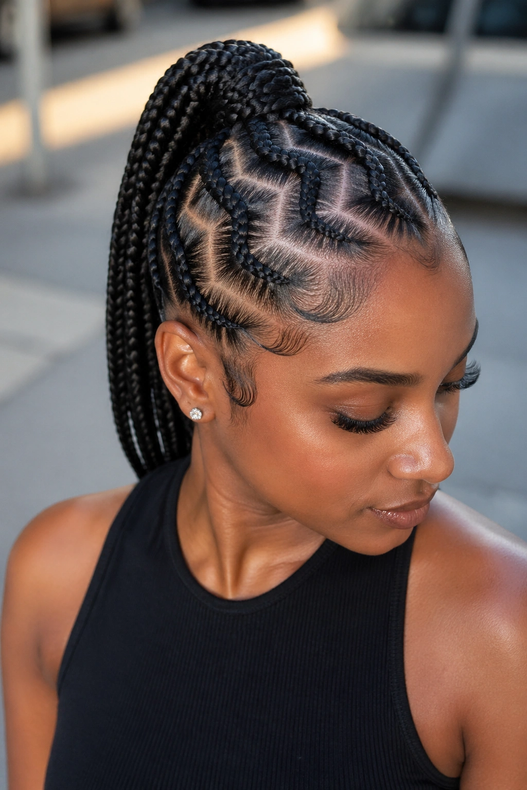 Real woman with zigzag-part braided ponytail showing crisp zigzag pattern