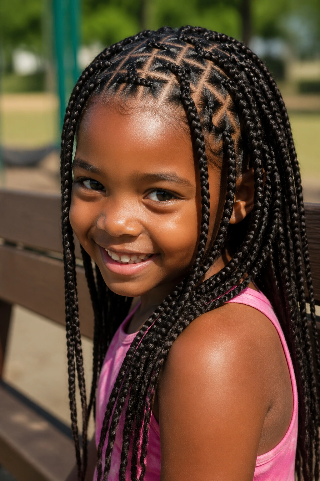 Close-up of a child with zigzag part box braids visible in daylight on a playground.