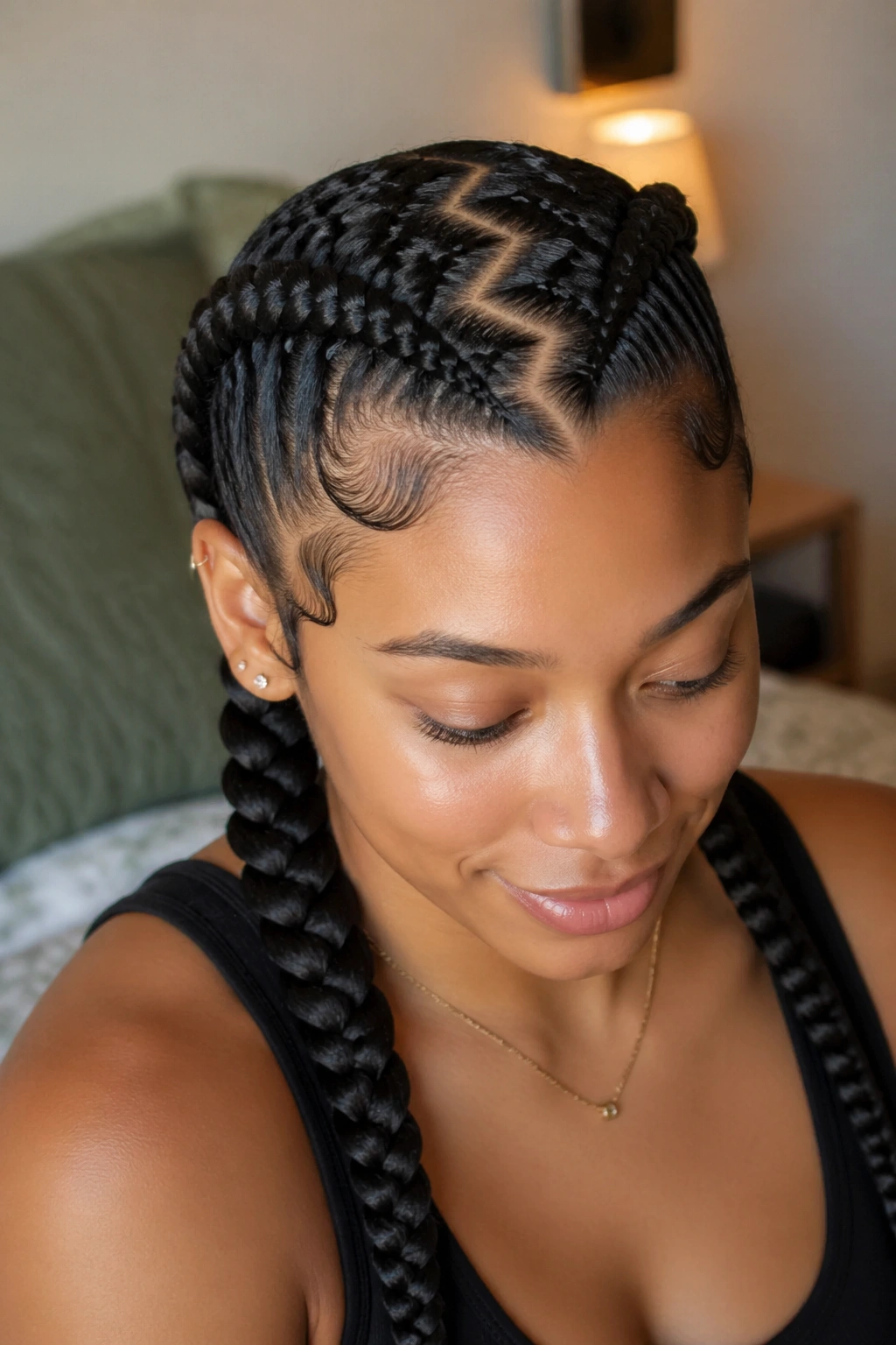 Close-up of zigzag-part twin braids on a real person, scalp part clearly visible