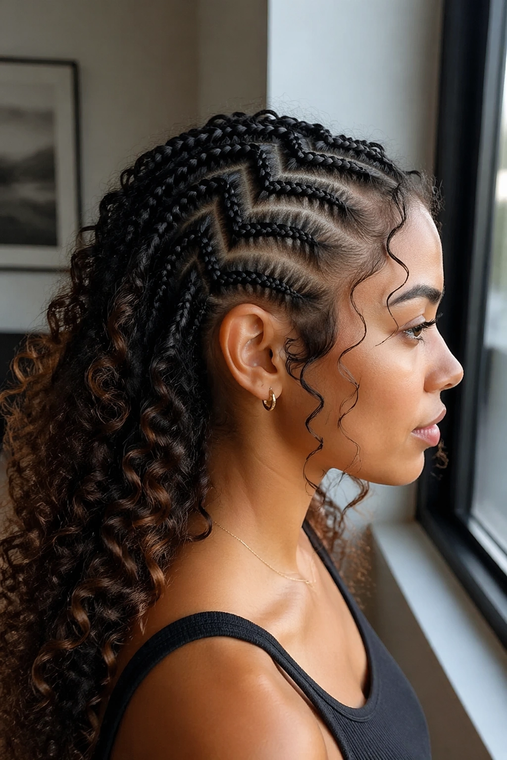 Side profile of zig-zag part cornrows.