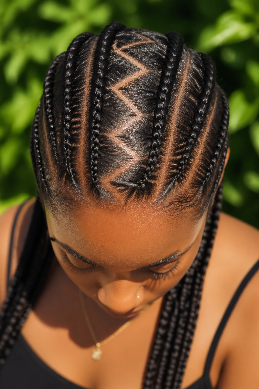 Top-down view of a real woman with zig-zag part cornrows across the scalp