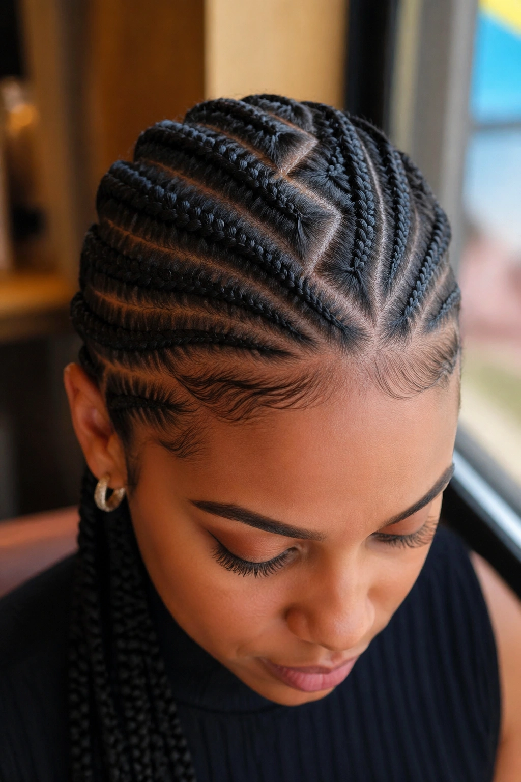 Close-up of zigzag-part cornrows down the middle on a real woman.