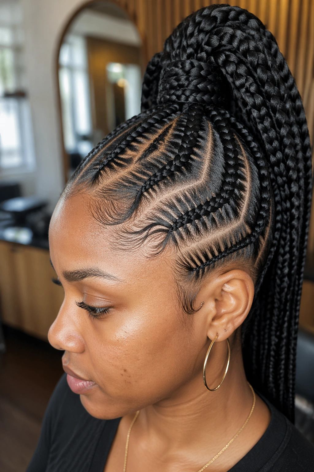 Close-up of a Black woman with a zigzag-part cornrow ponytail in a stylish salon