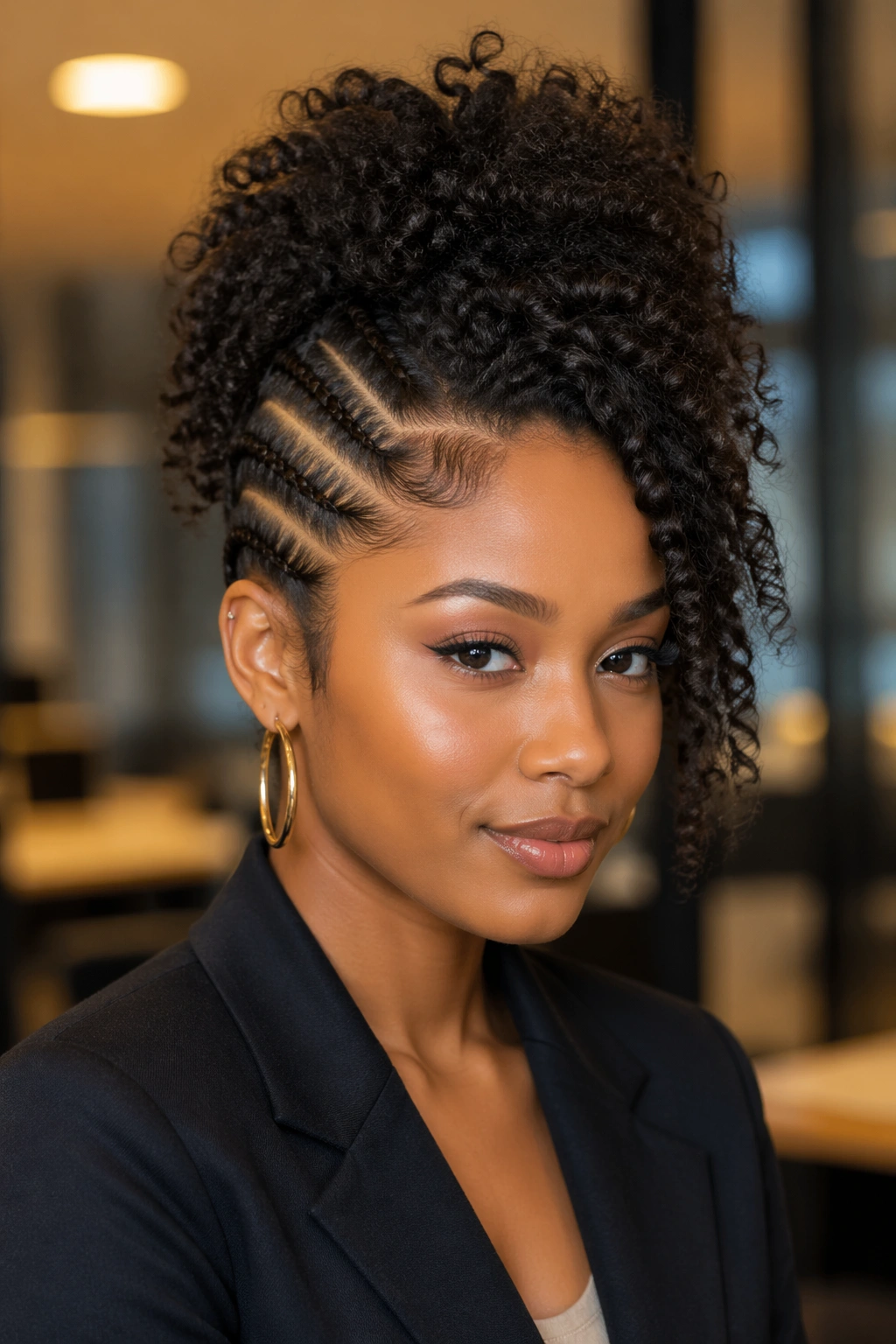 Real woman with zigzag part and curly pineapple hairstyle