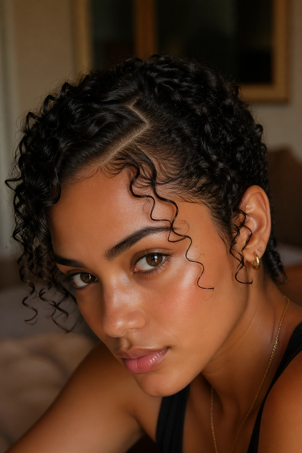 Close-up of a real woman with zigzag part and defined tendrils around the temples in warm window light