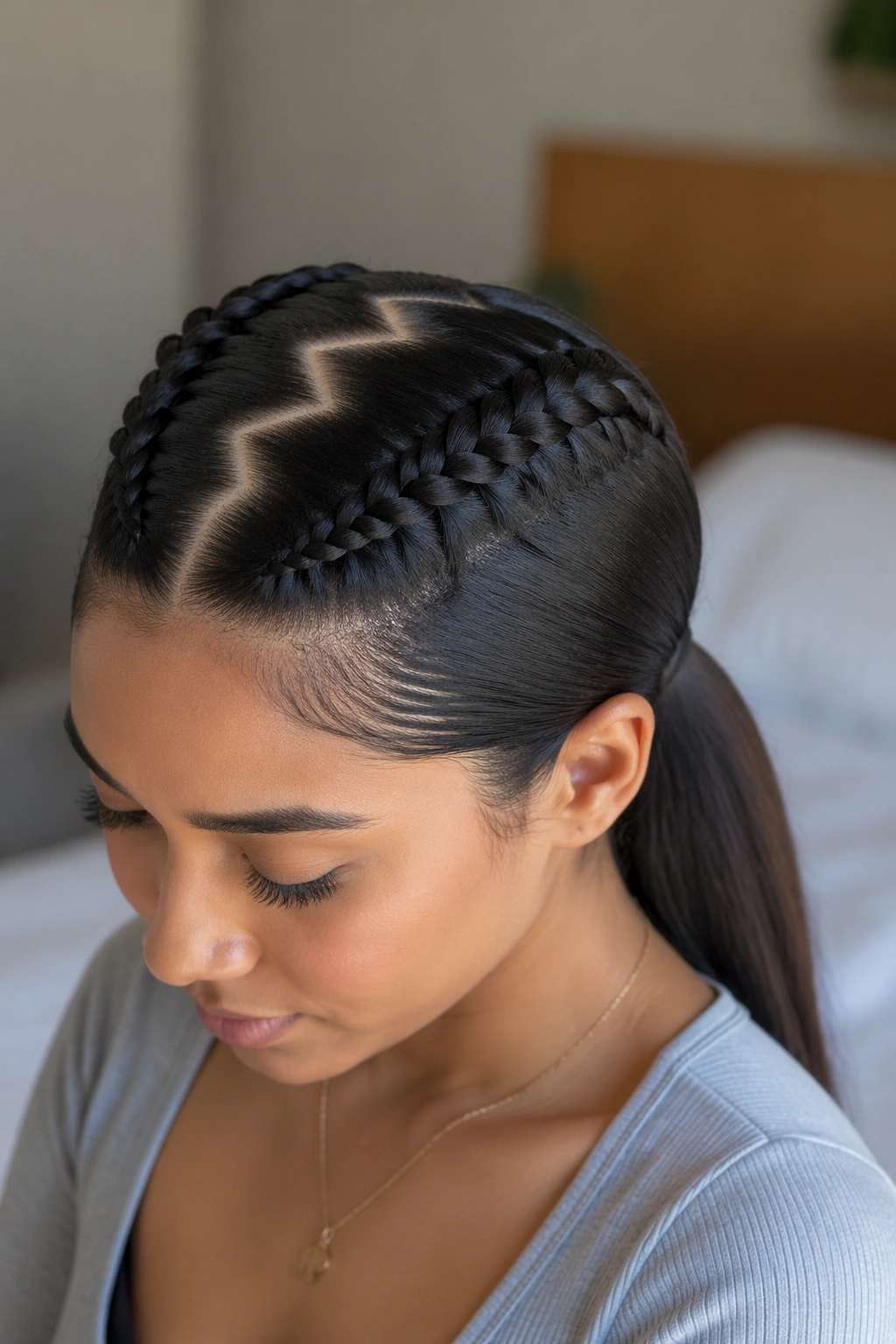 Close-up of a real woman with a zigzag part and two braids forming a low ponytail