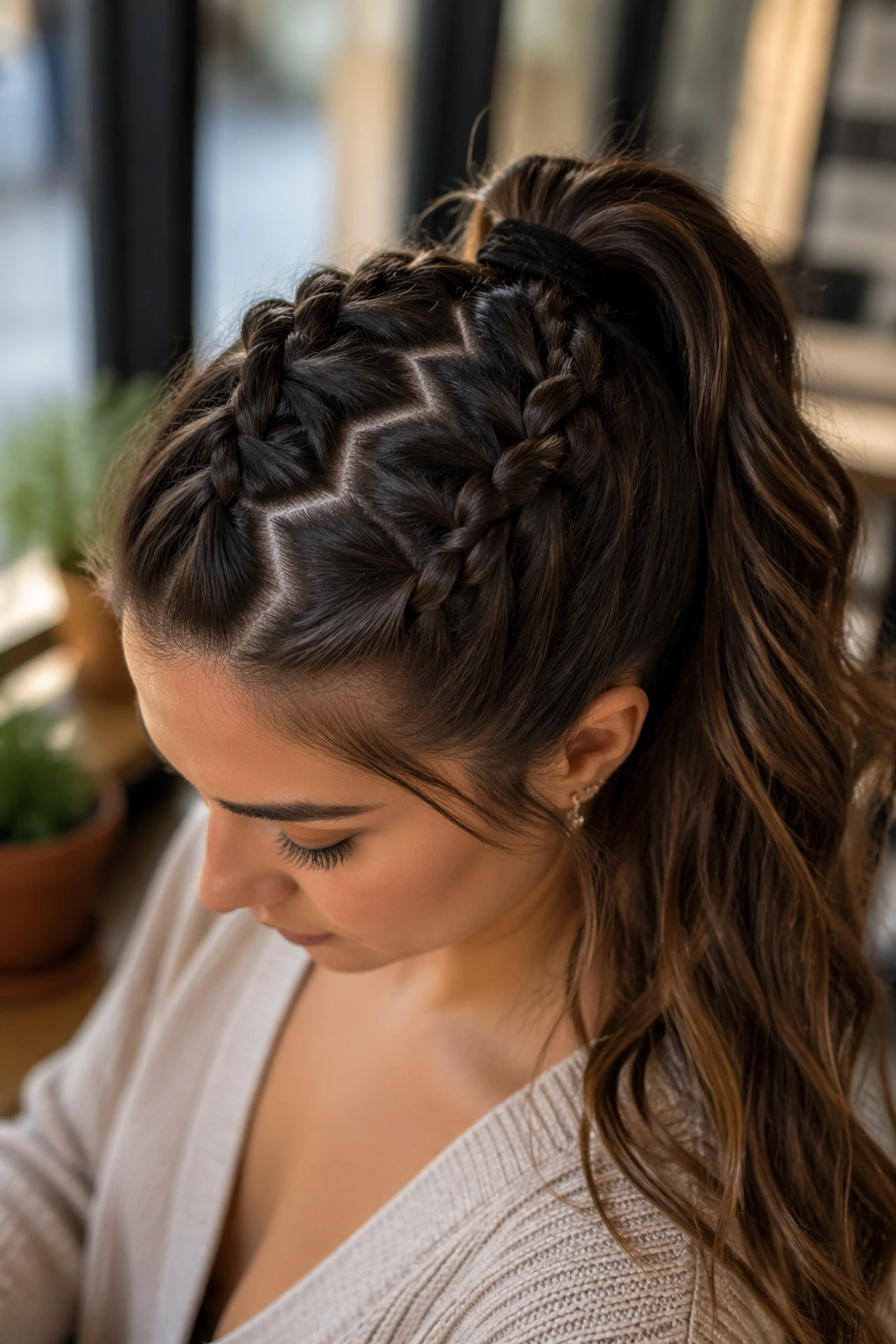 Close-up of zigzag-part Dutch braid ponytail on a real woman