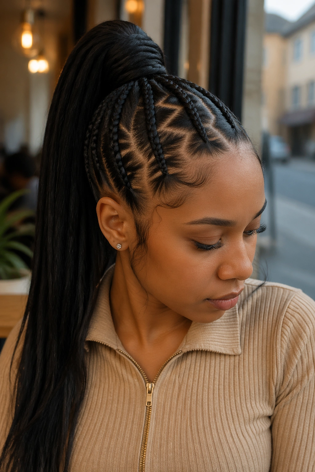 Close-up of a real woman with a zigzag-part feed-in ponytail and crisp front lines.