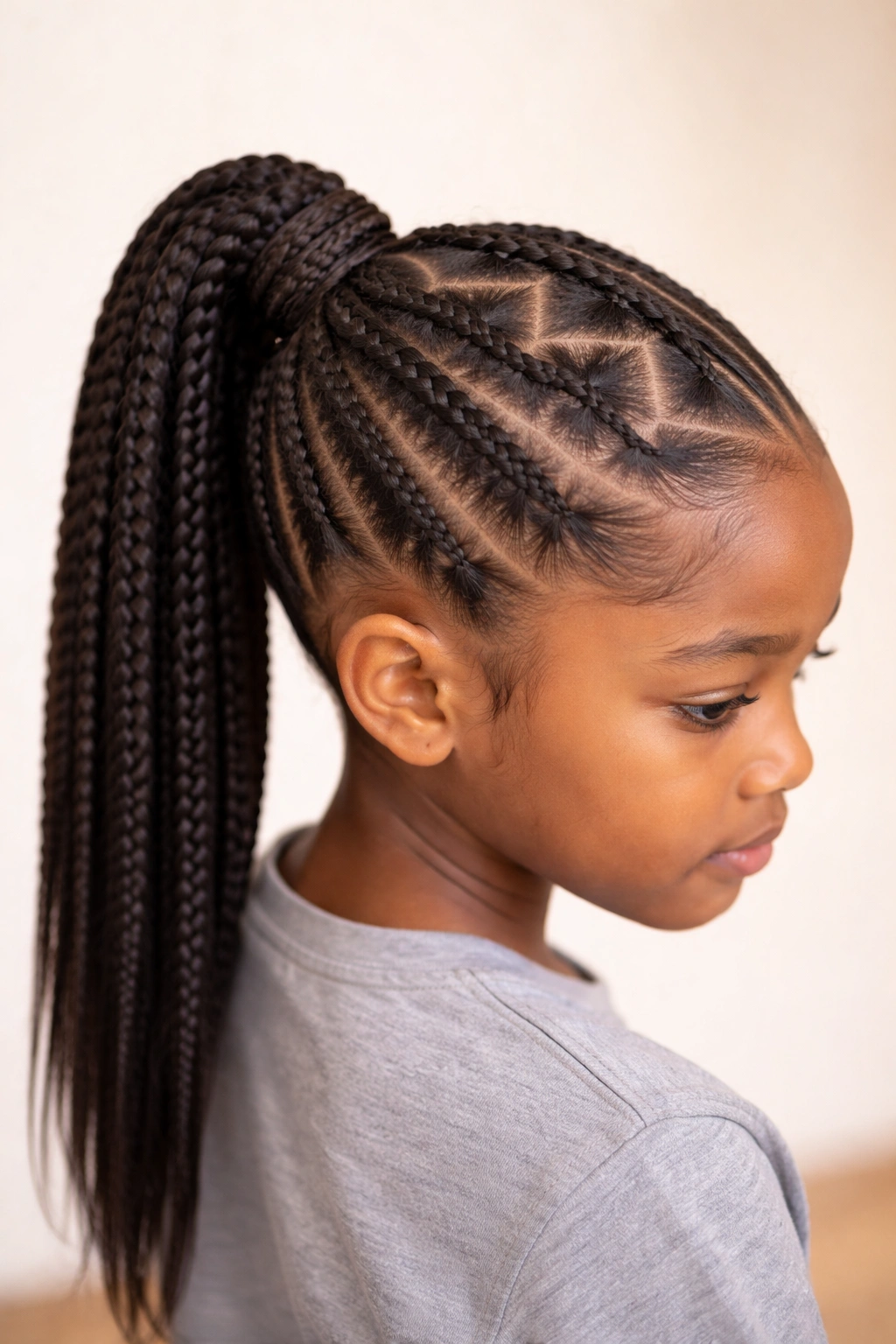 Child with zigzag-part feed-in ponytail showing crisp zigzag scalp lines.