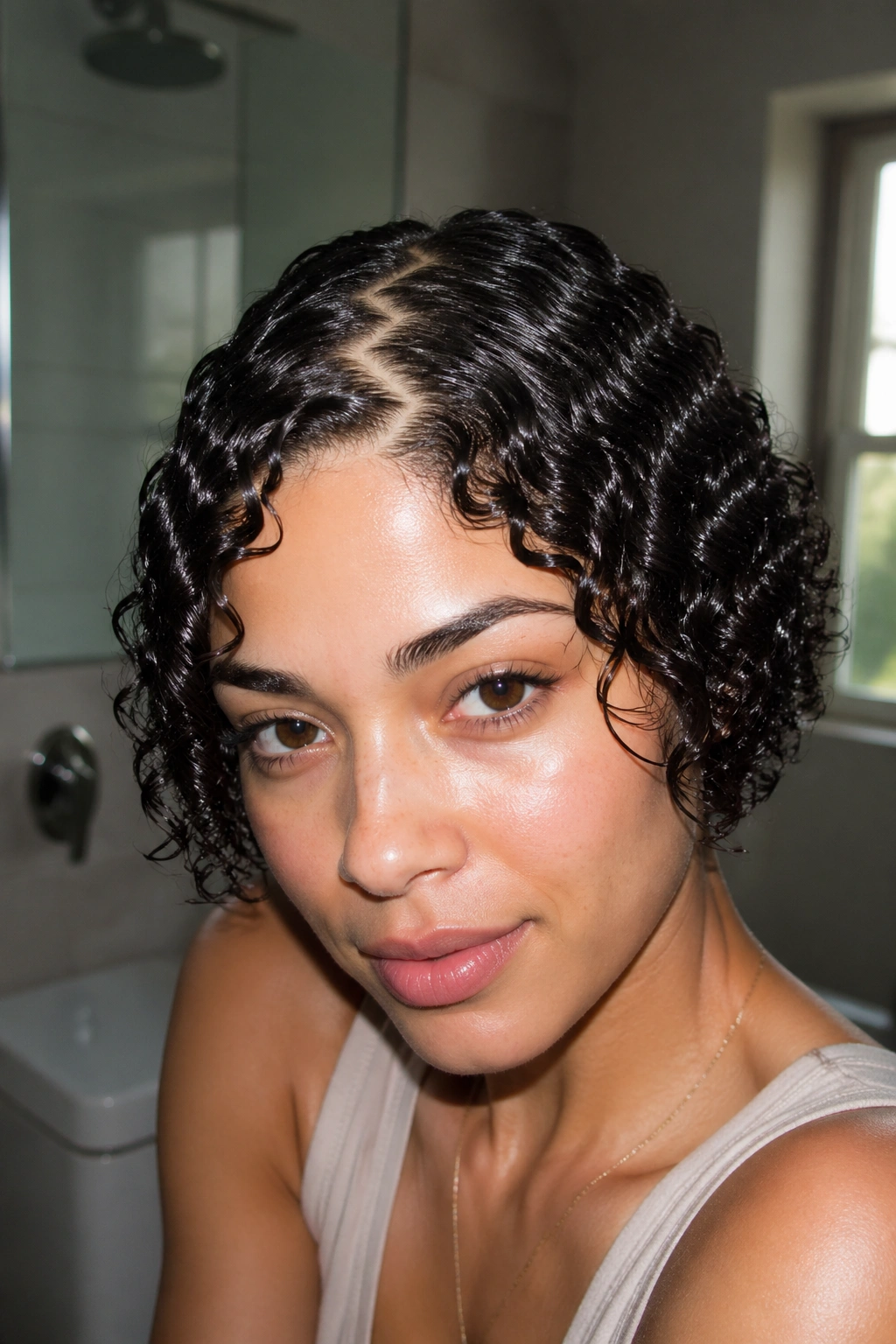 Portrait of a real person showing a zigzag part in glossy short curls.