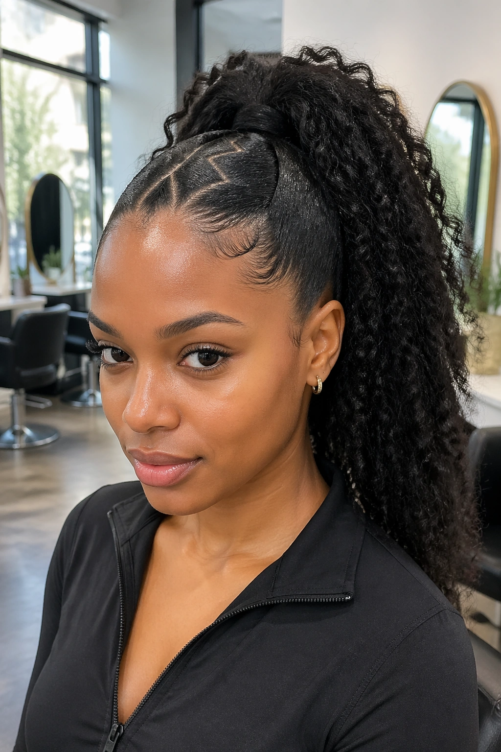 Front-three-quarter view of zigzag-part ponytail with crisp scalp lines on a real 4A-haired woman