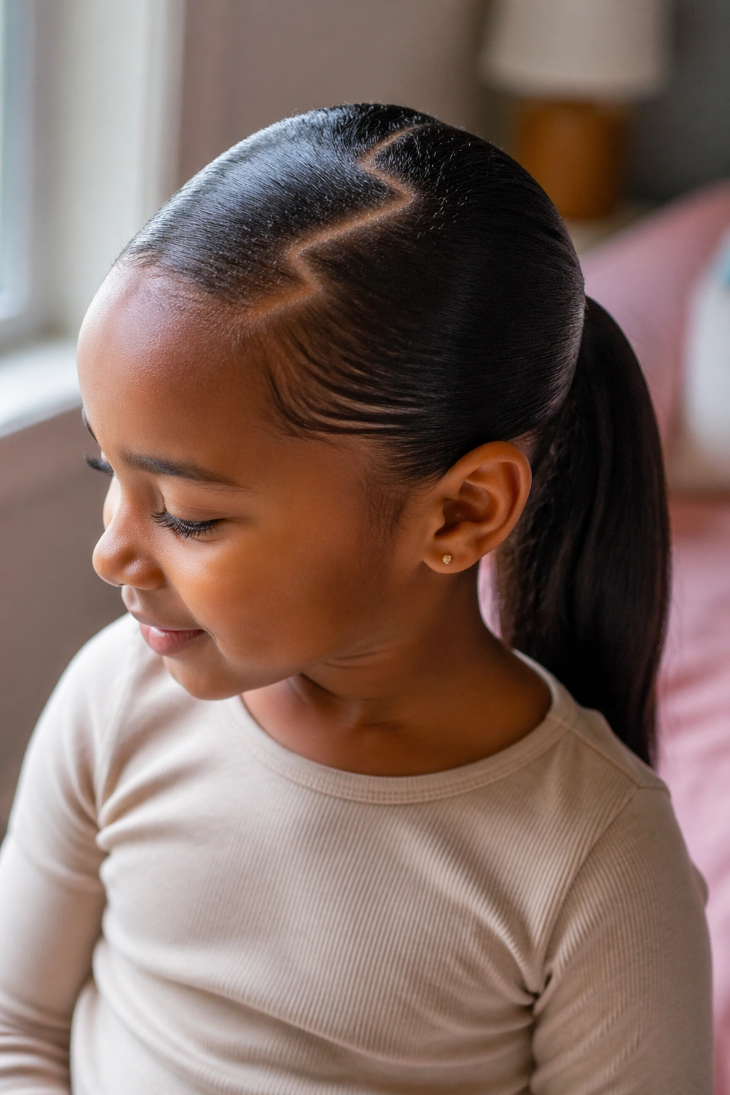 Close-up of a real child with a zigzag-part sleek ponytail