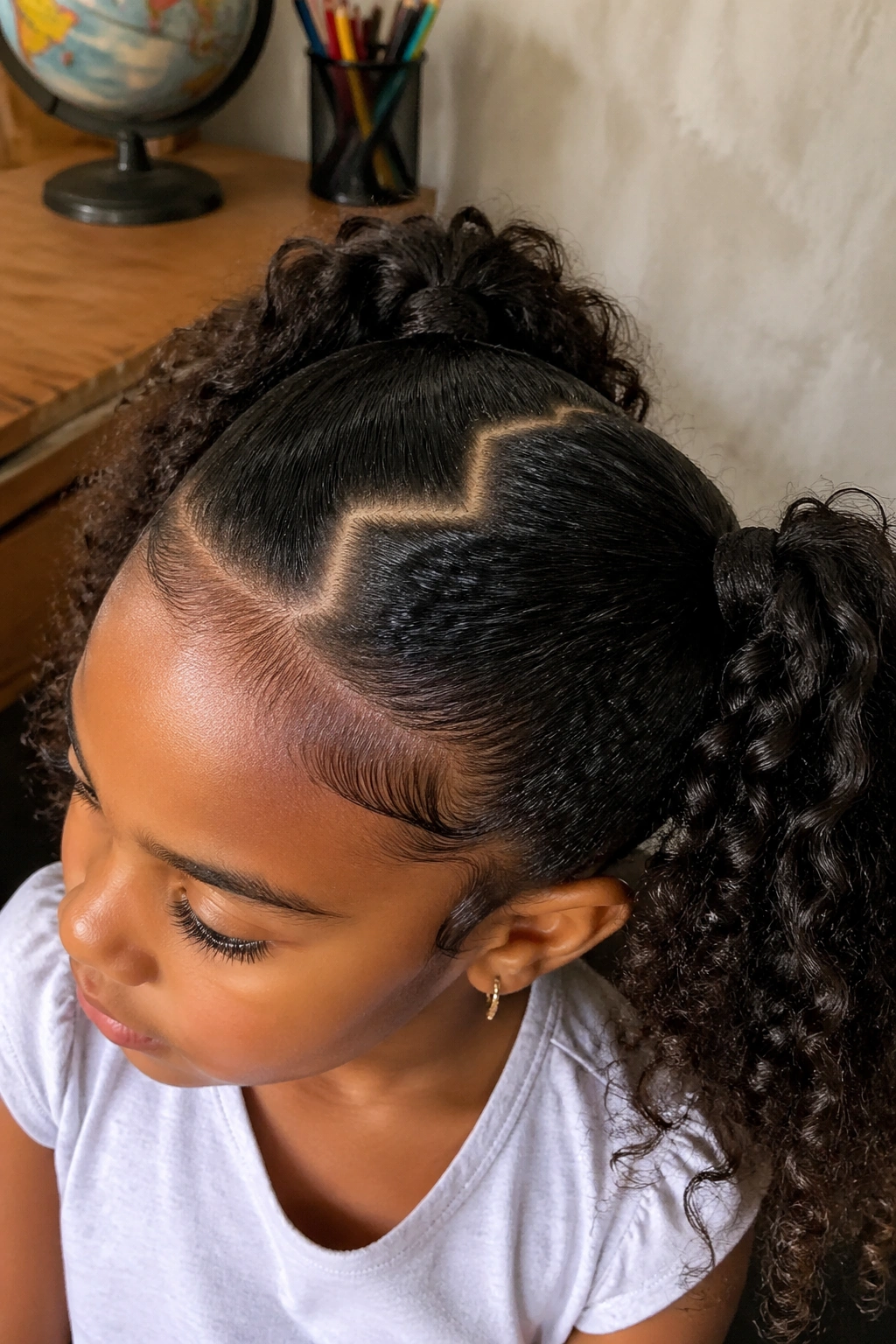 Real child with zigzag-part ponytail in a cozy study corner