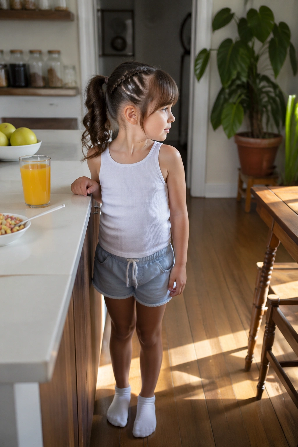 Child with zigzag part and braided ponytail in kitchen