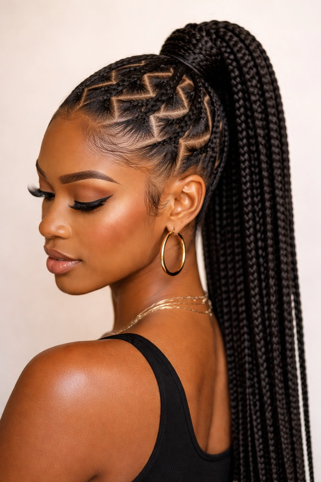 High ponytail showing pronounced zig-zag scalp parts