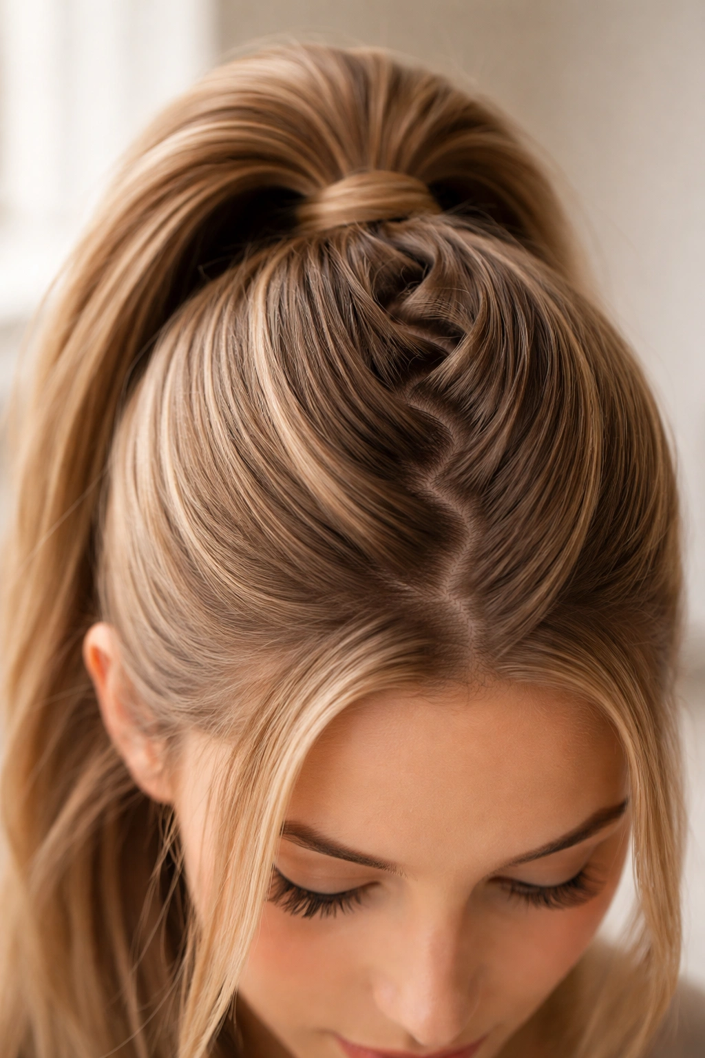 Close-up of zig-zag part at hairline showing raised roots and volume.