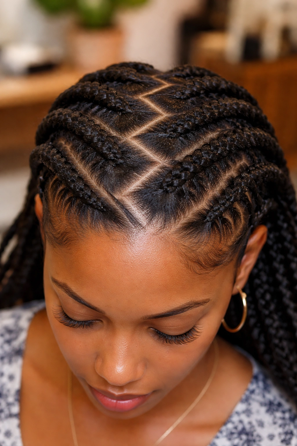 Scalp close-up with a crisp zigzag part on natural hair