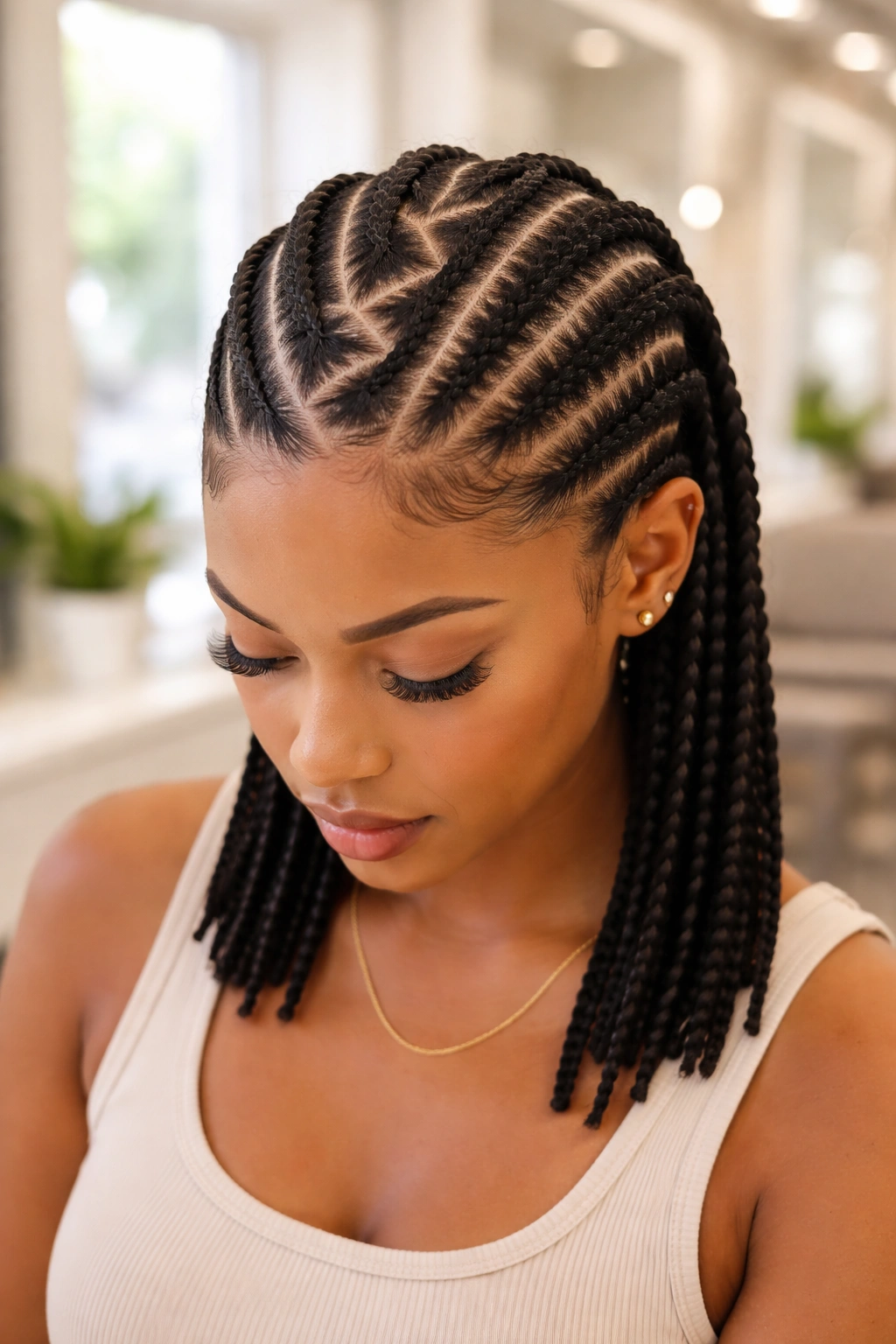 Close-up of zigzag-parted cornrows along the hairline on a real person