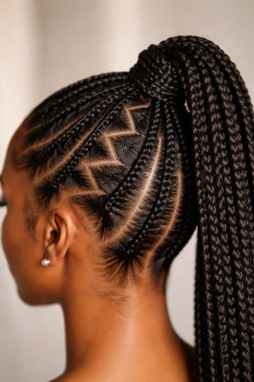 Close-up of zig-zag parting detail on knotless braids forming a sleek high ponytail