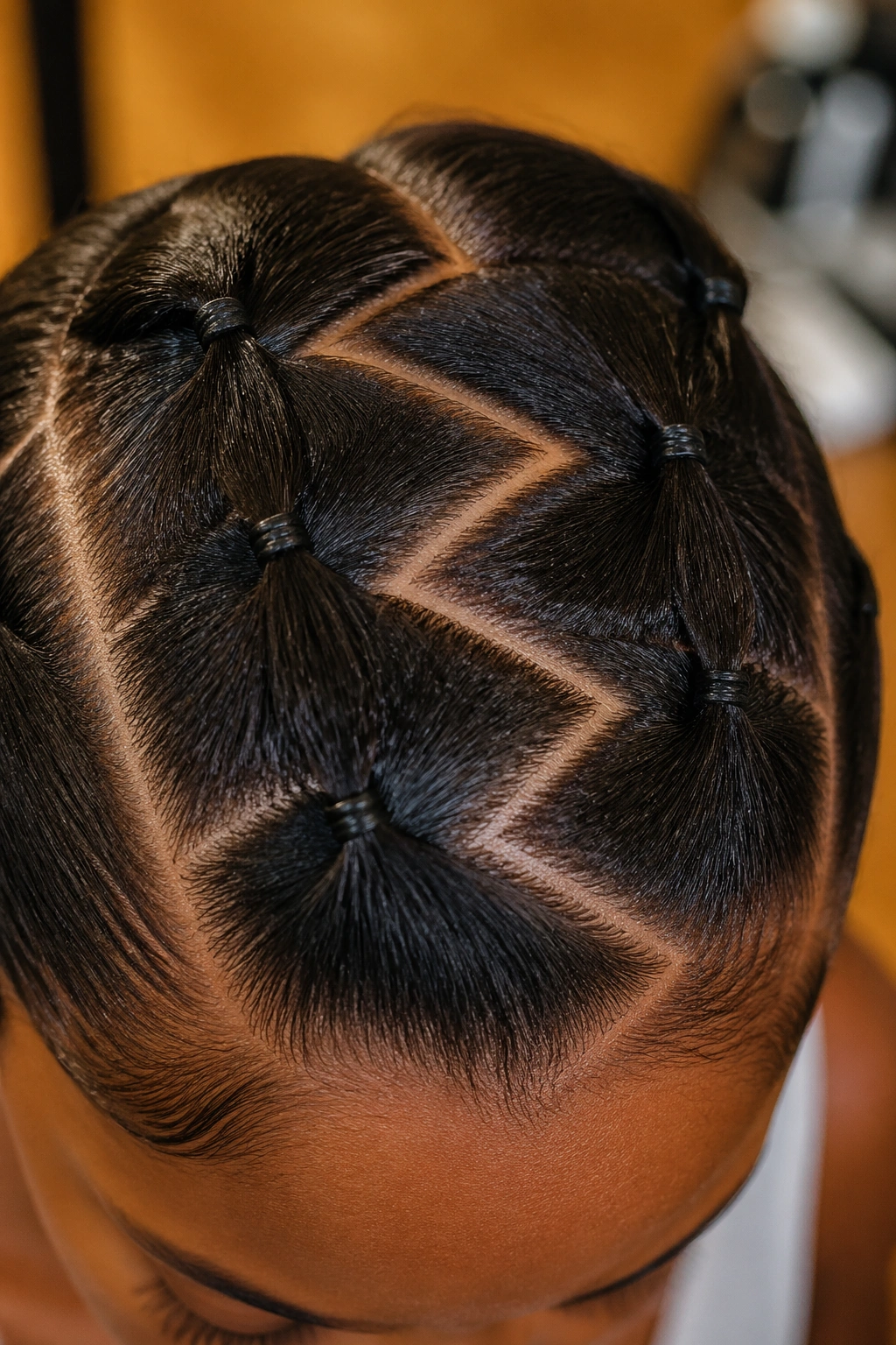 Top-down view of zigzag parting on a real person's scalp with rubber bands marking sections.