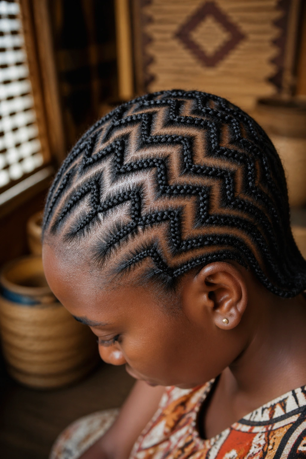Close-up of zigzag parting on a real person's head in a traditional braiding setting