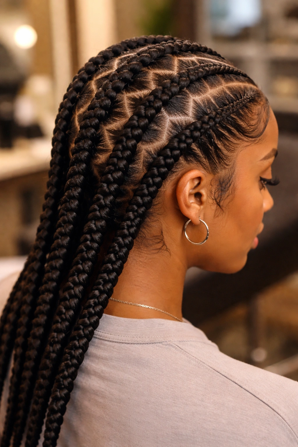 Close-up of a real person with six braids and zigzag partings across the scalp