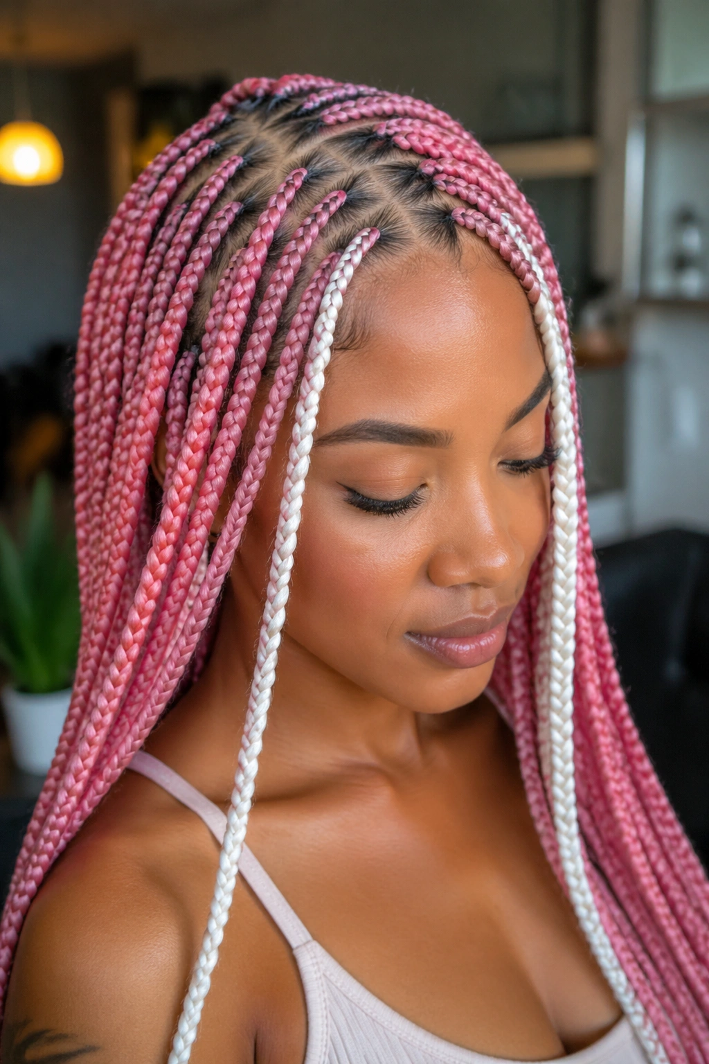 Portrait of a real woman with zigzag-part pink and white box braids framing the face.