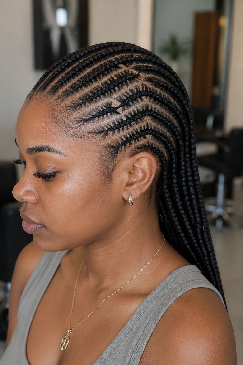 Close-up of a real woman with twenty cornrows and zigzag scalp parts.