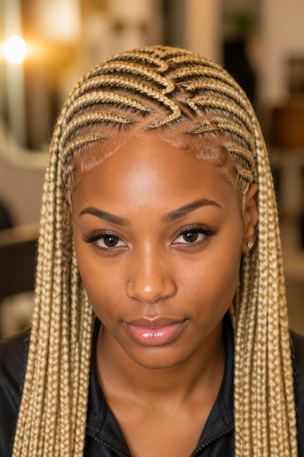 Front portrait of blonde cornrows with zigzag parts on a real woman, clear part lines