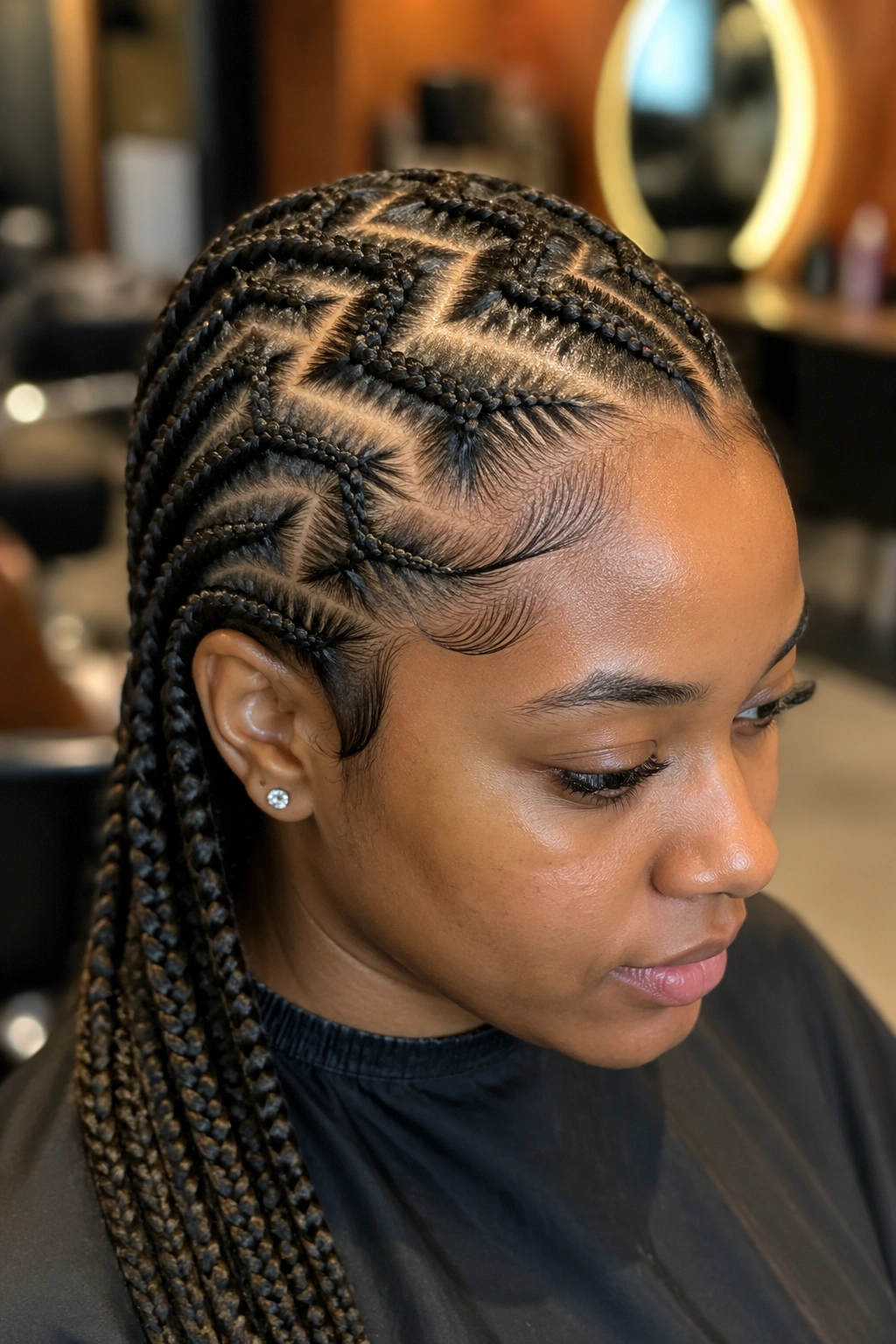 Close-up of zigzag parts traced on a real person's scalp