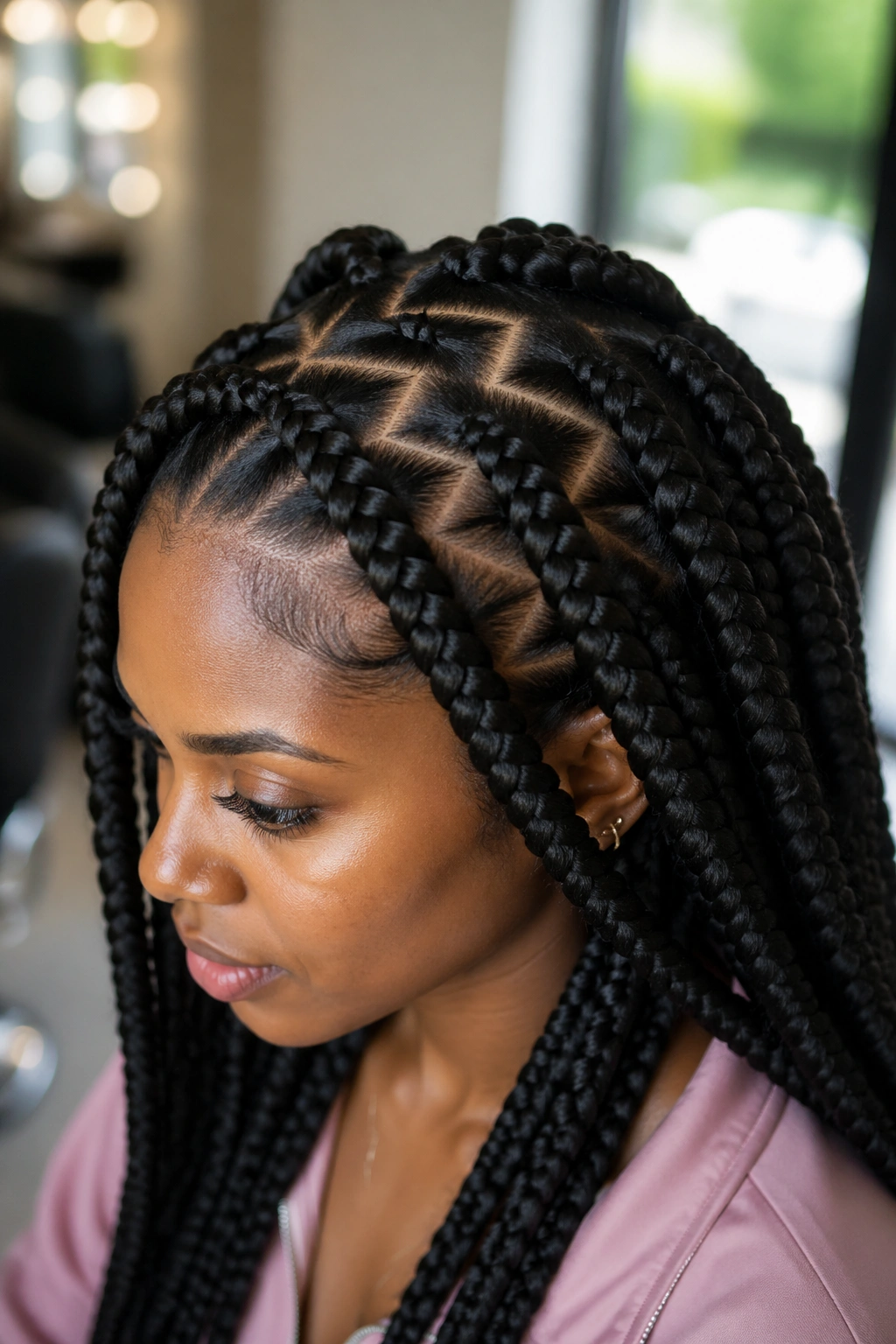 Close-up of a real woman with jumbo box braids and zigzag parts highlighting the scalp pattern