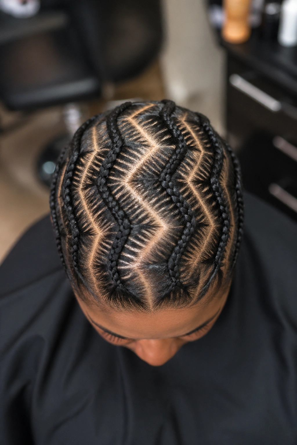 Top-down view of zigzag part map on a real person's scalp