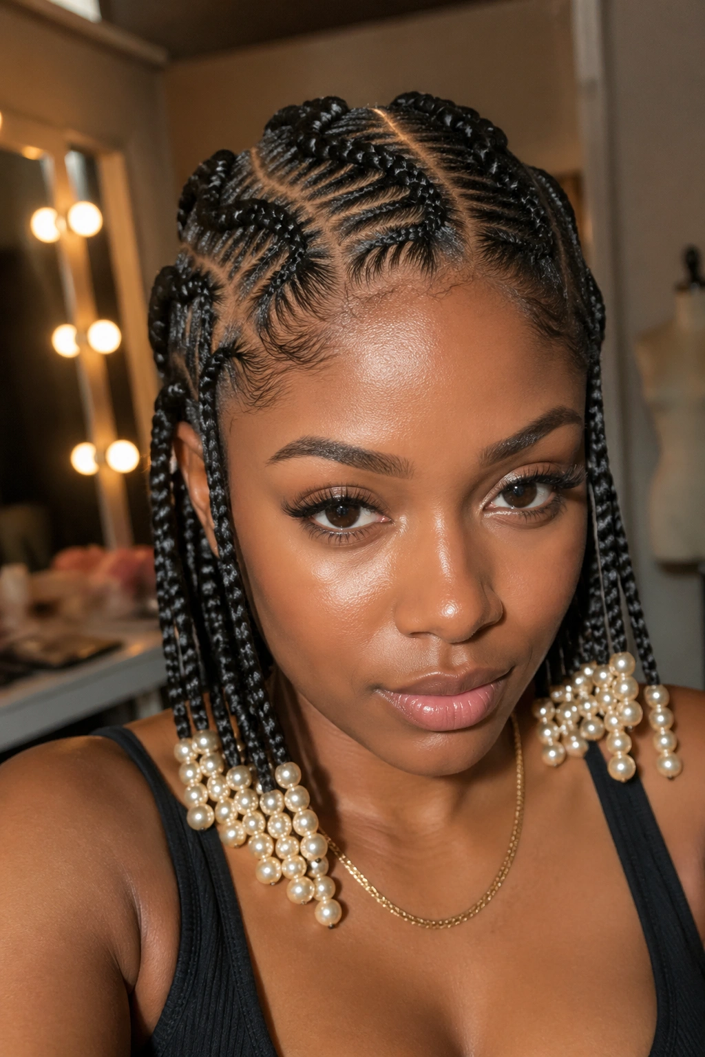 Close-up of a real person's zigzag cornrows with pearl bead tips