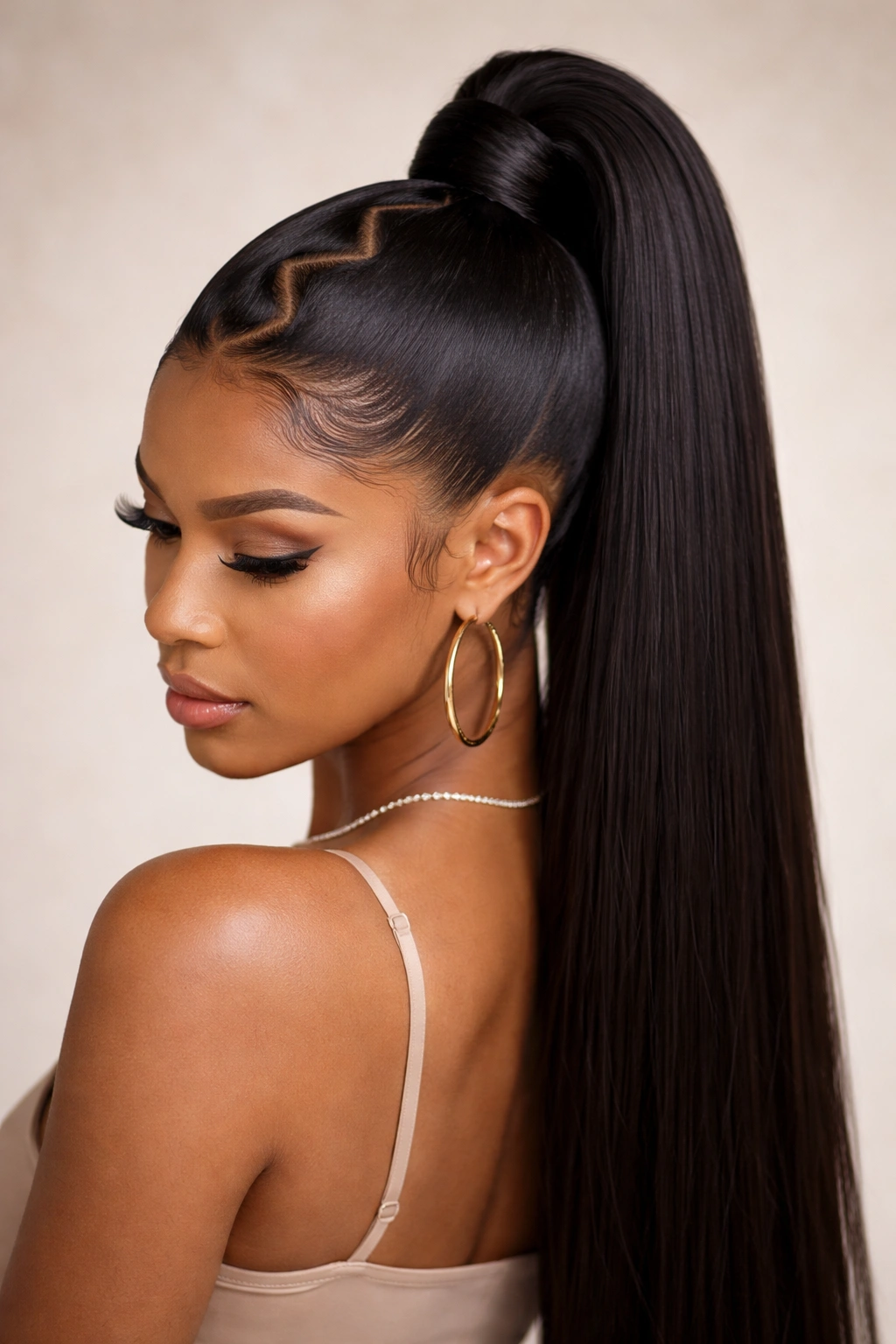 High ponytail with a bold zig-zag parting and sleek surface