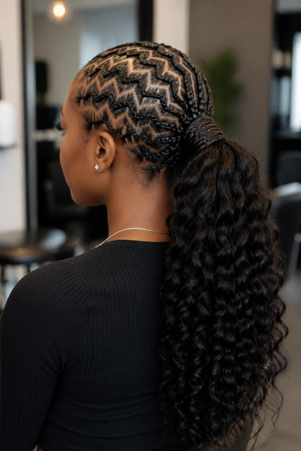 Portrait of a woman with zigzag cornrows leading to a ponytail at the back