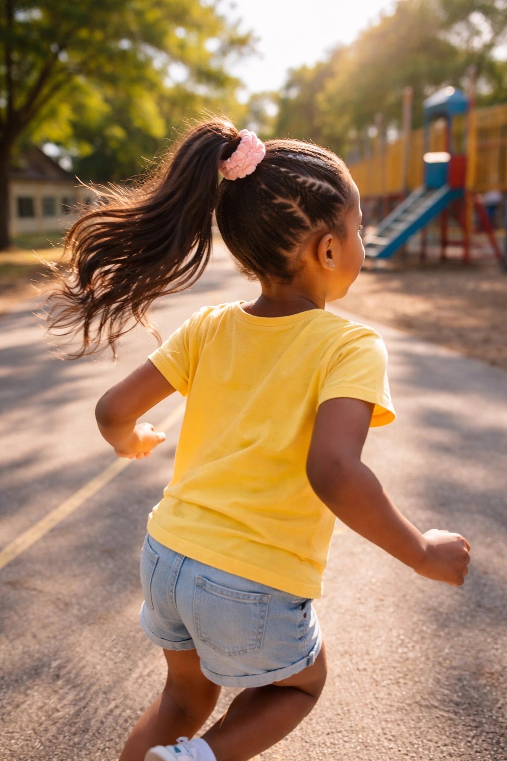 Child with zigzag-part high ponytail playing in sunlight on playground