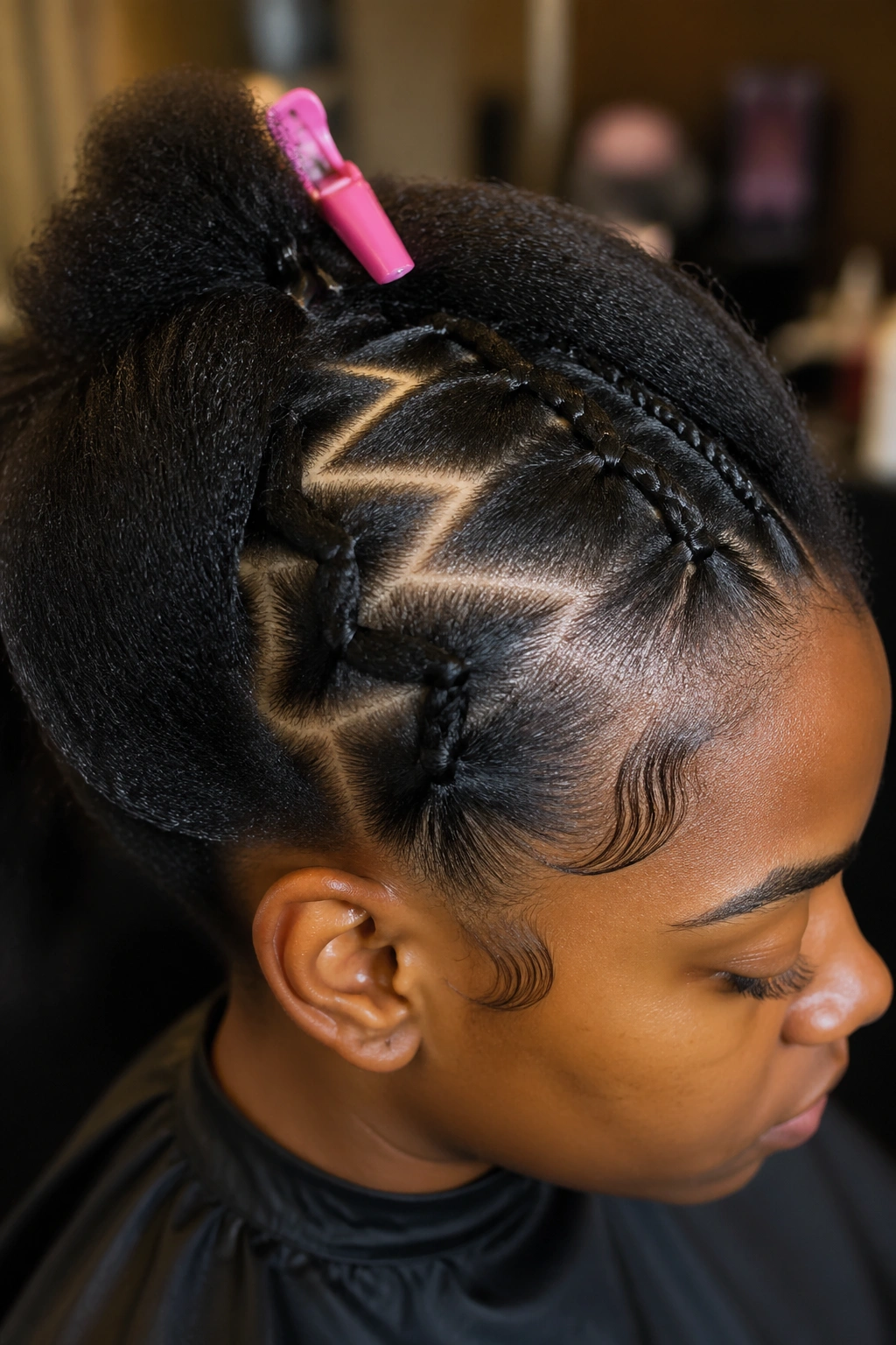 Close-up of real person's head showing crisp zigzag parts and slick edges in a salon
