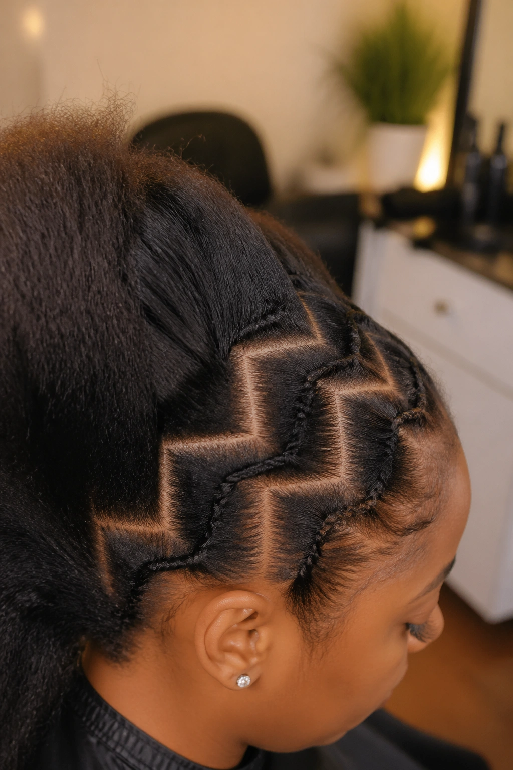 Close-up of stretched hair with zigzag part lines on a real person in a salon