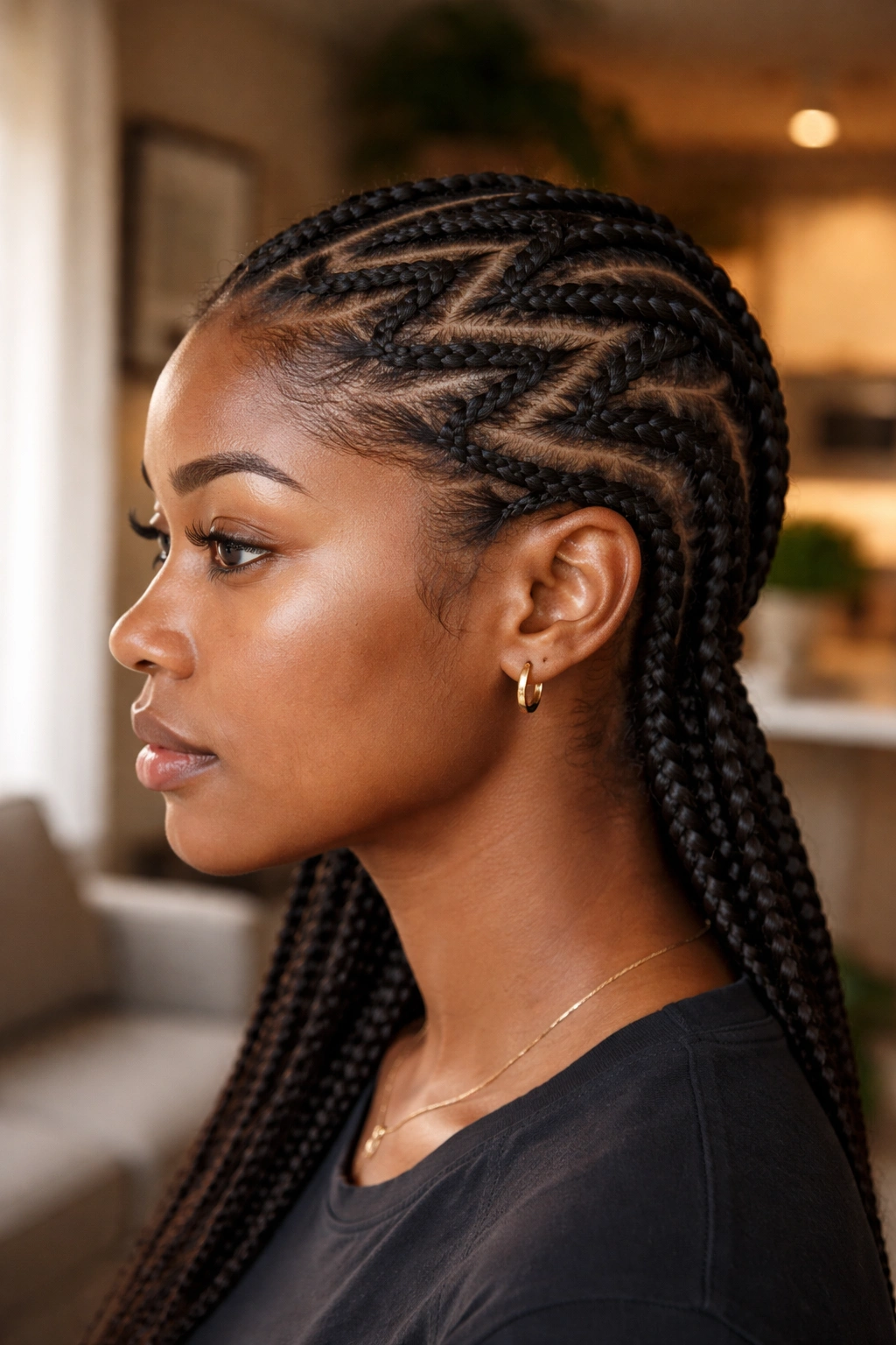 Profile of a person reconsidering zigzag cornrows due to scalp considerations