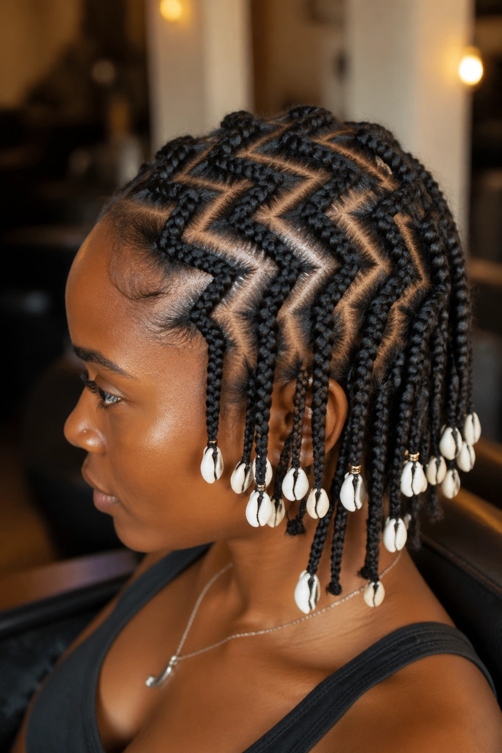 Close-up of zigzag cornrows with shell bead accents on a real person