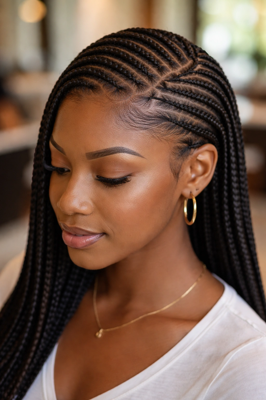 Close-up of real person with zigzag side part and straight back cornrows