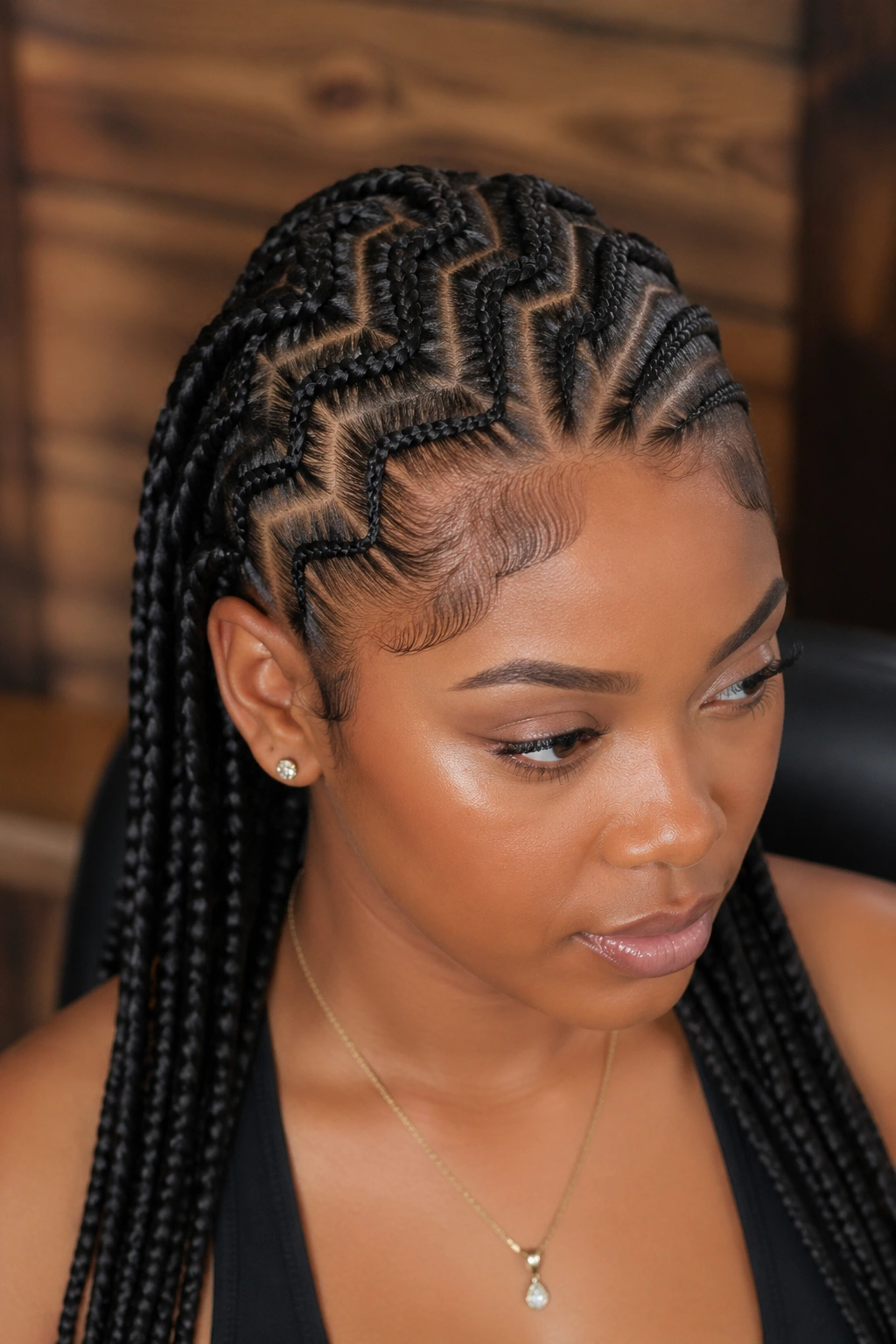 Real woman with zigzag side part and straight rows on opposite side