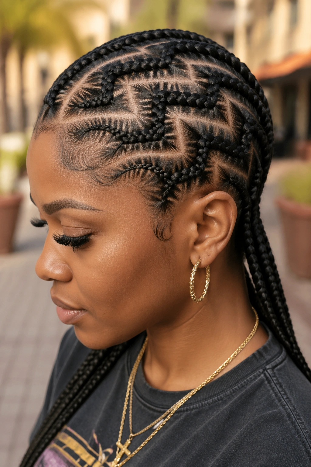Close-up of a real woman with zigzag stitch cornrows across the scalp
