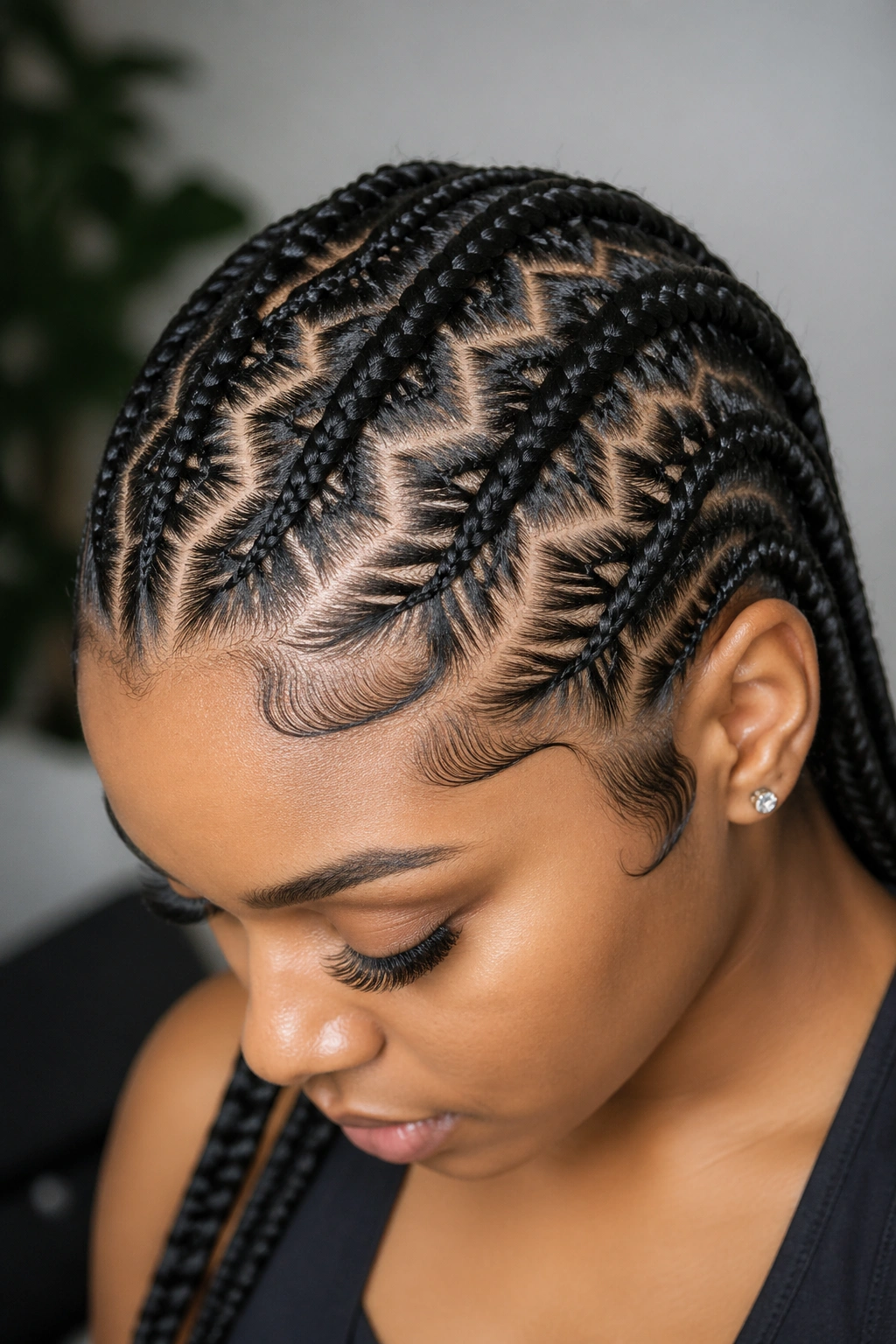 Close-up of zigzag cornrows with stitch detail on a real person