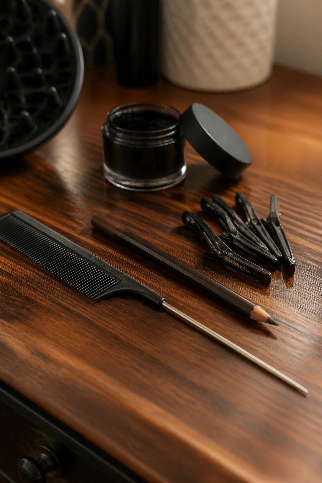 Close-up of zigzag precision tools including a rat-tail comb, pencil, clips and edge gel on a wooden surface.