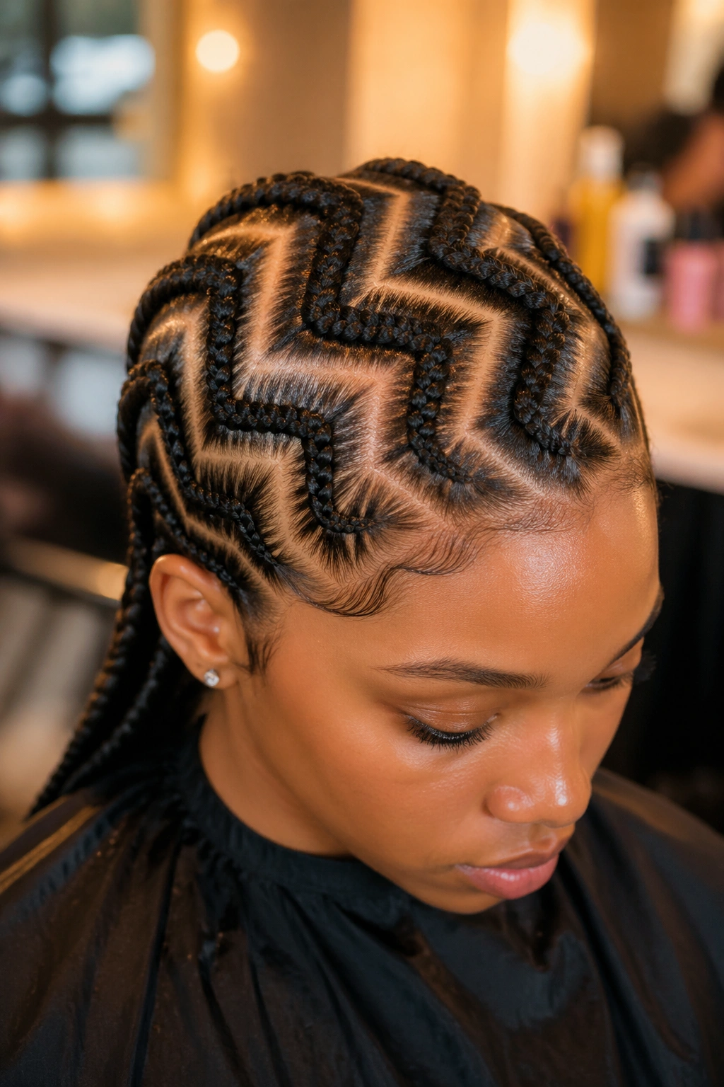 Close-up of bold wide zigzag width and spacing on a real person's scalp