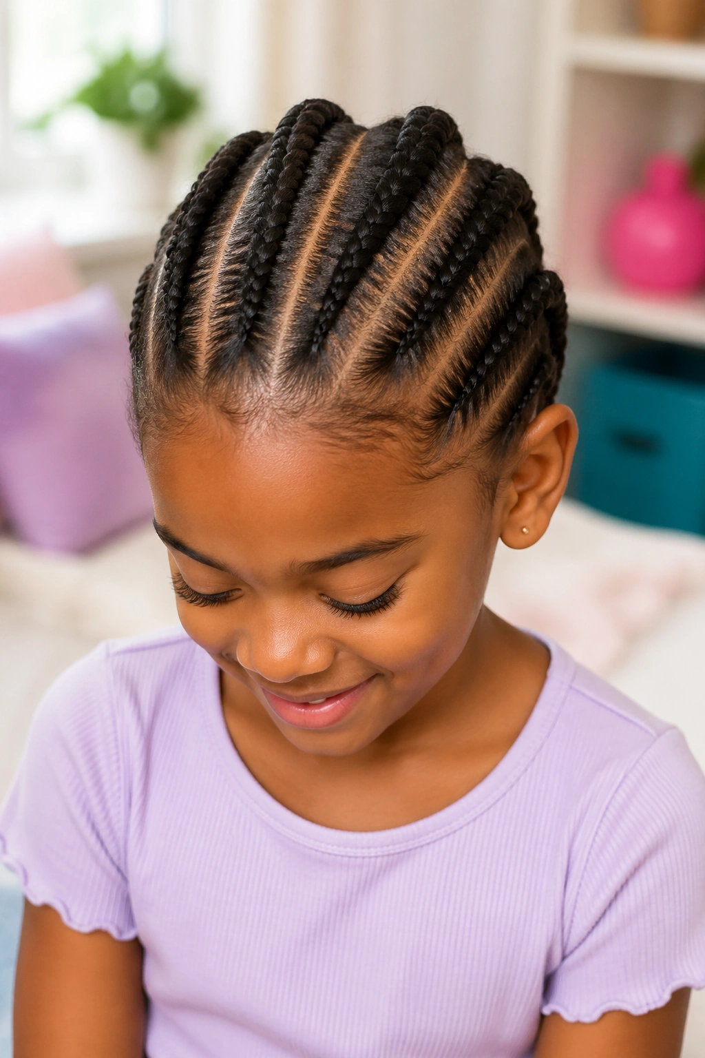 Close-up of a real child with zipper-part cornrows showing crisp parting