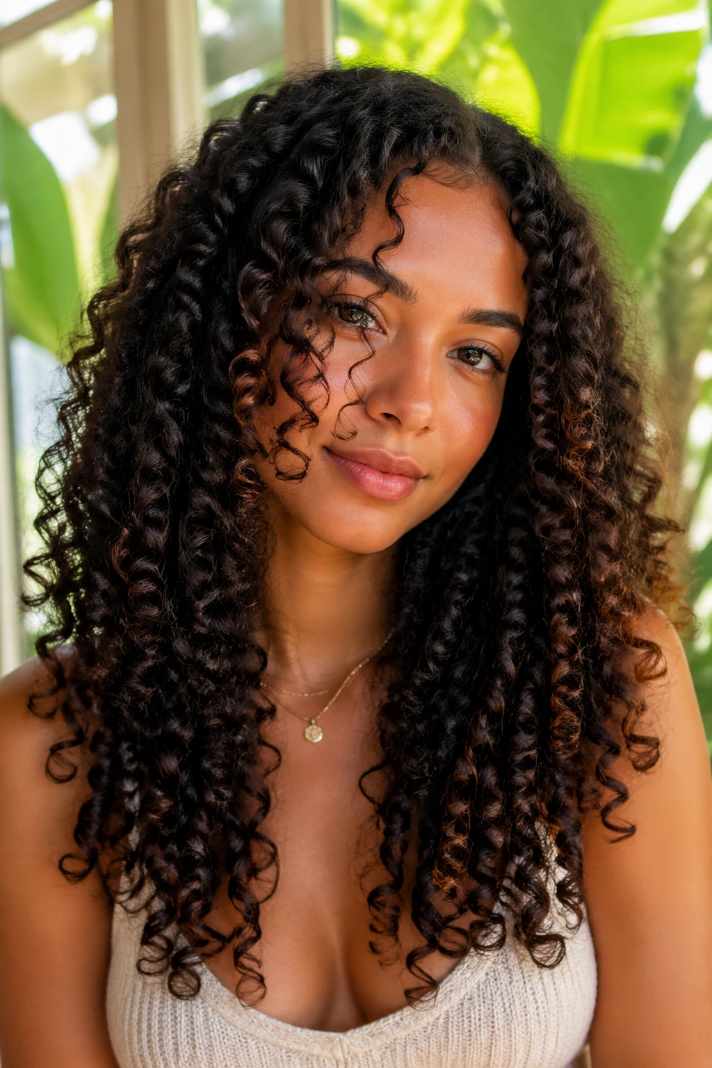 Close-up portrait of person with long 3C curls showing defined clumps and layers.